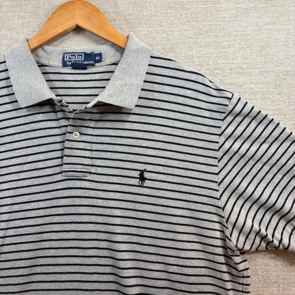 Polo Ralph Lauren Men XL Grey Black Striped Cotton Pique Polo Classic Preppy EUC - Picture 3 of 12